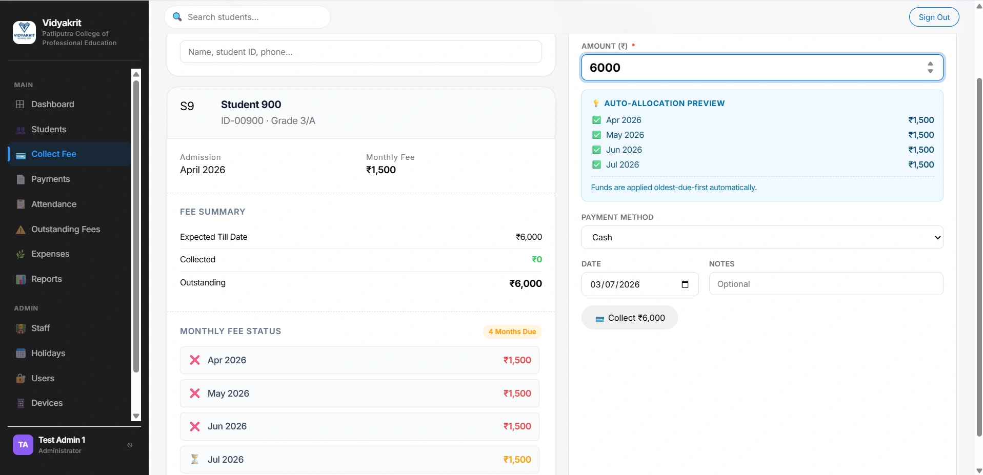 Fee Collection & Billing Interface