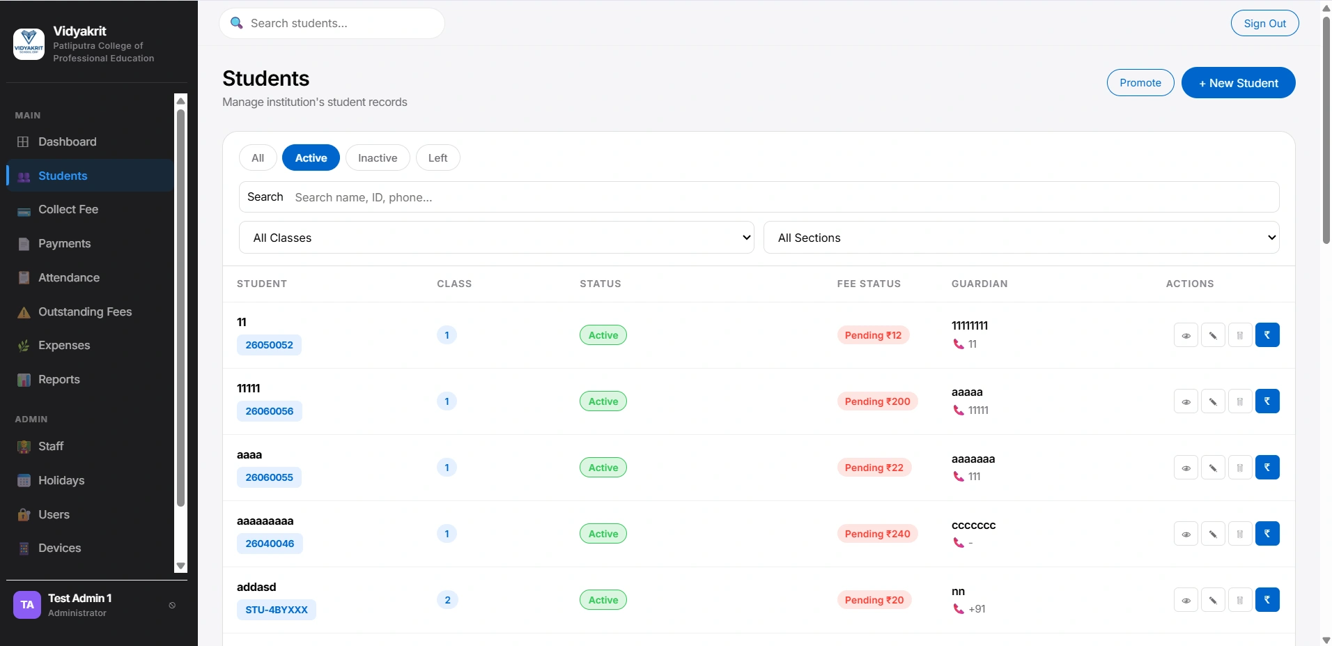 Student Dashboard Interface